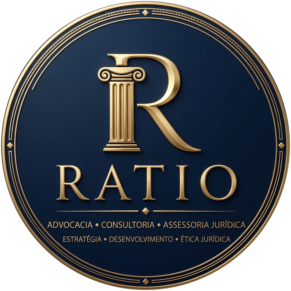 Selo da Ratio Advocacia, Consultoria e Assessoria Jurídica: um R dourado com coluna grega sobre fundo azul-marinho.